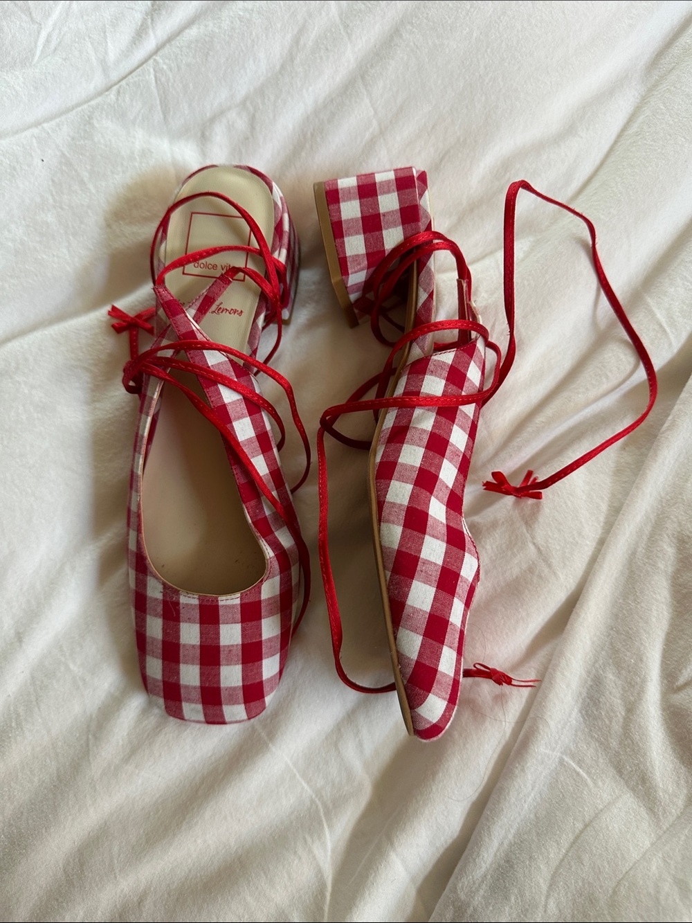 Red Gingham Lace-Up Women's Flats